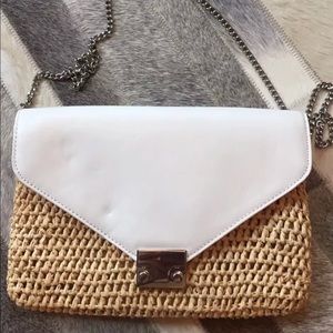 Loeffler Randall White Leather|Raffia Lock Clutch